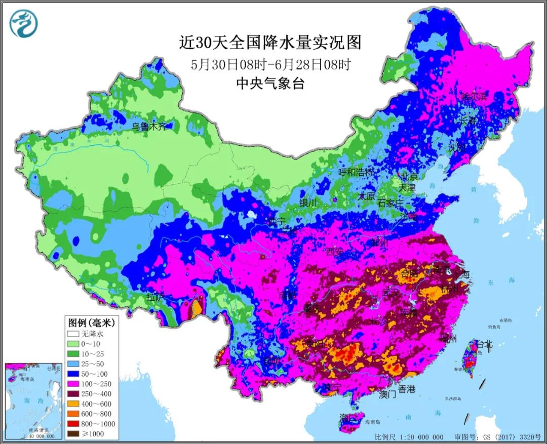 ▲圖為近30天全國(guó)降水實(shí)況圖。來源：中央氣象臺(tái)